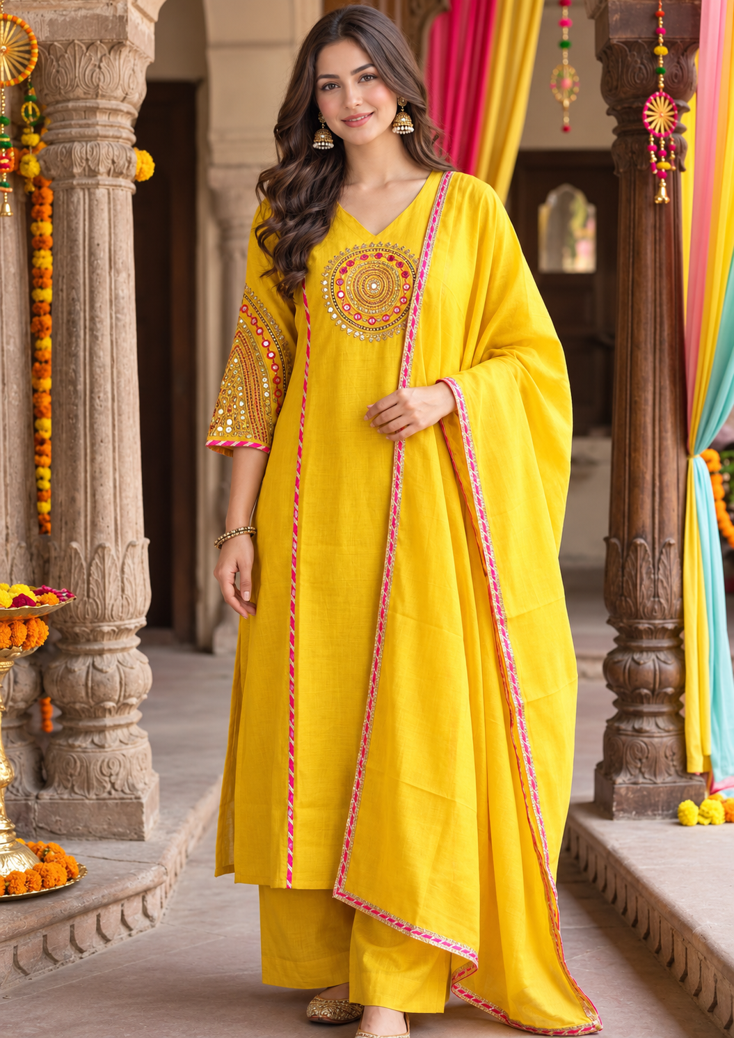 Yellow Mul Chanderi A-Line 3-Piece Set with Handwork Yoke & Gota Work