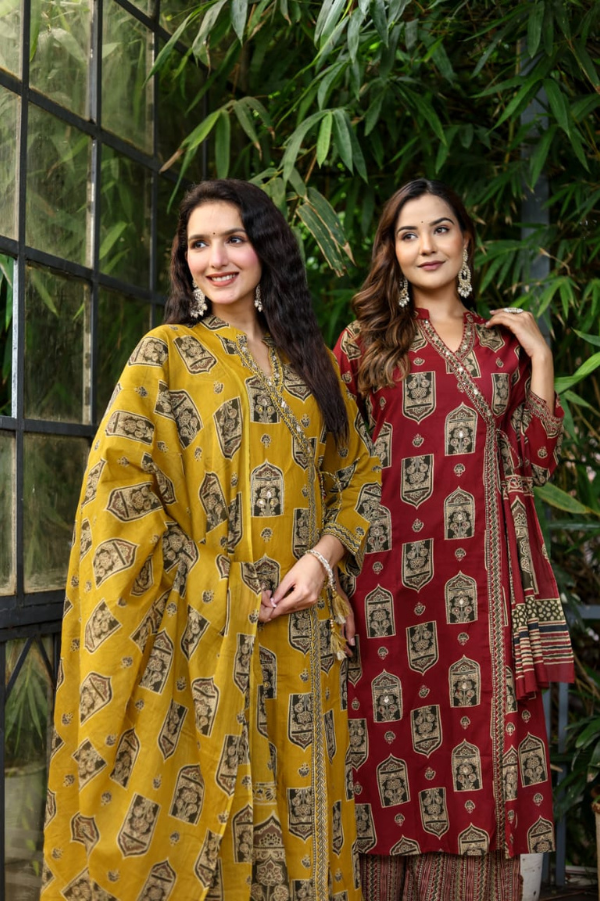 Handblock Print Cotton Kurta Set with Palazzo & Dupatta Elegant Traditional Wear