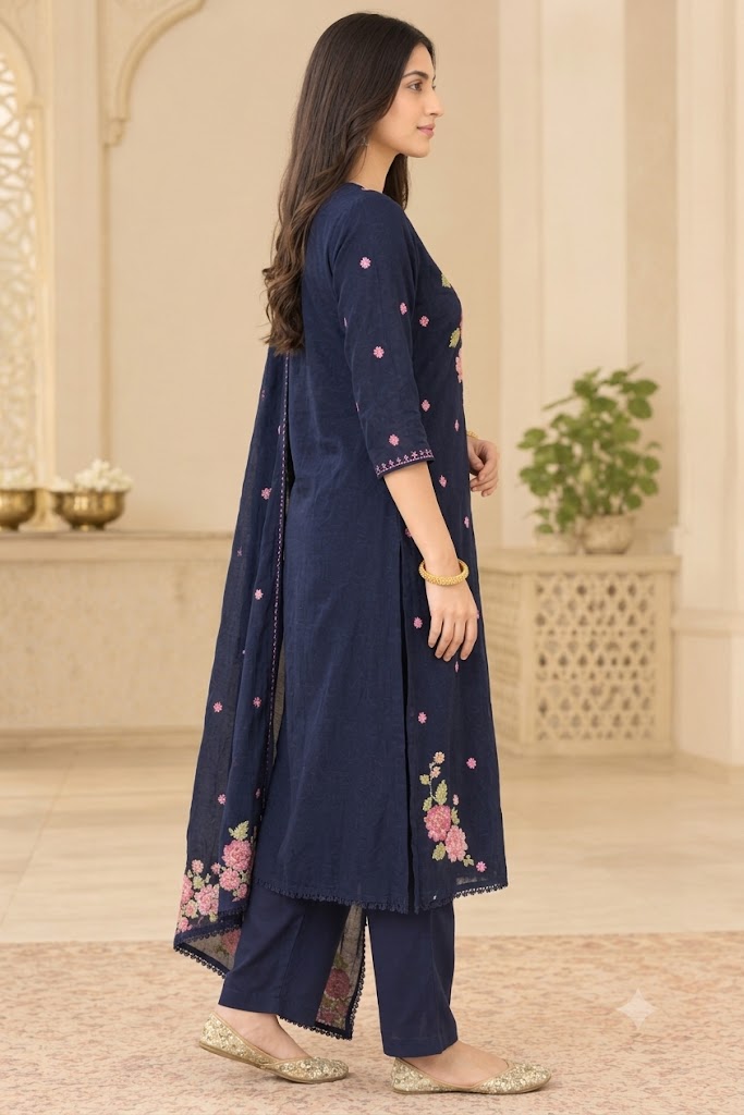 Navy Blue Rose Embroidered Cotton Suit Set | Festive & Everyday Wear for Women