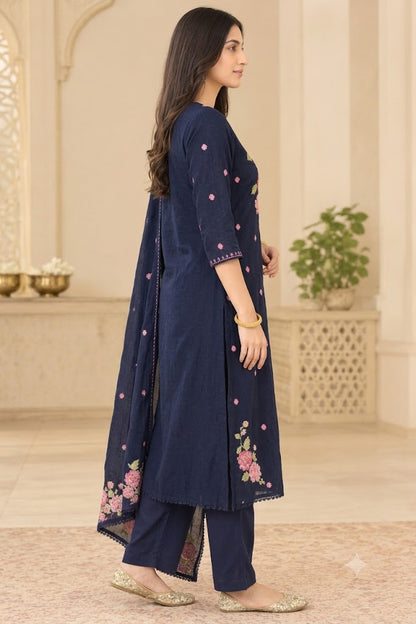 Navy Blue Rose Embroidered Cotton Suit Set | Festive & Everyday Wear for Women