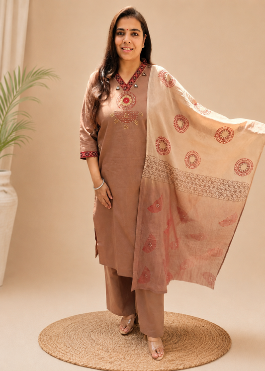 Beige Dabu Cotton Handblock Print 3 Piece Suit Set for Women