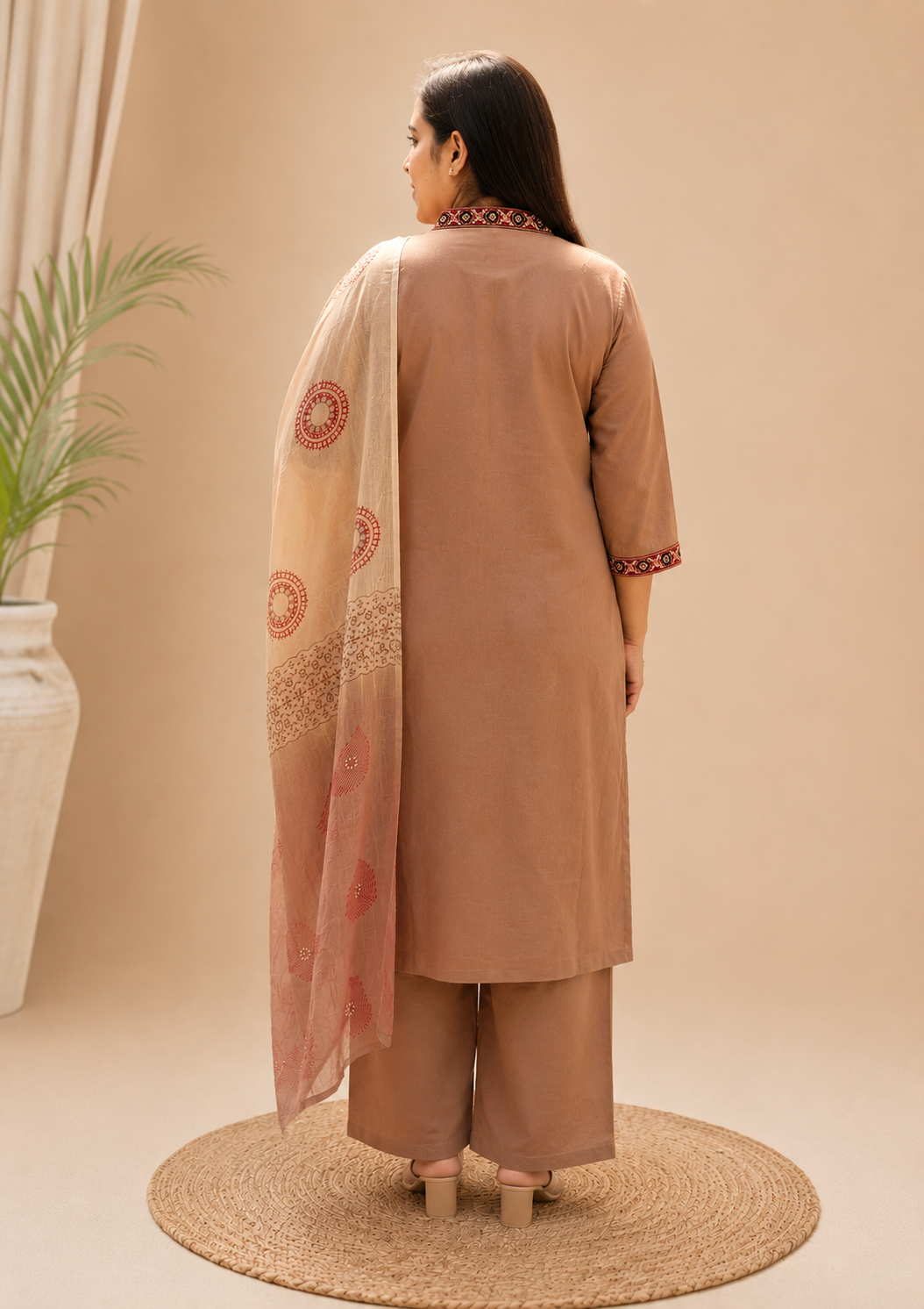Beige Dabu Cotton Handblock Print 3 Piece Suit Set for Women - Nakh Clothing