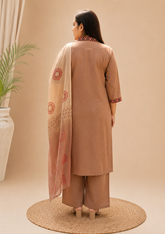 Beige Dabu Cotton Handblock Print 3 Piece Suit Set for Women