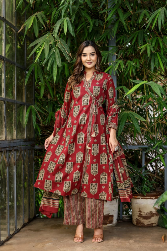 Handblock Print Cotton Kurta Set with Palazzo & Dupatta Elegant Traditional Wear