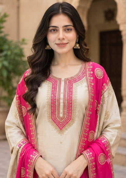 Ivory Tissue Shimmer Partywear Kurta Set with Pants & Heavy Dupatta