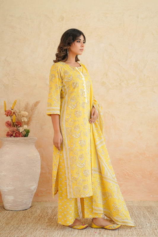 Yellow Floral Cotton Suit Set with Dupatta for Women