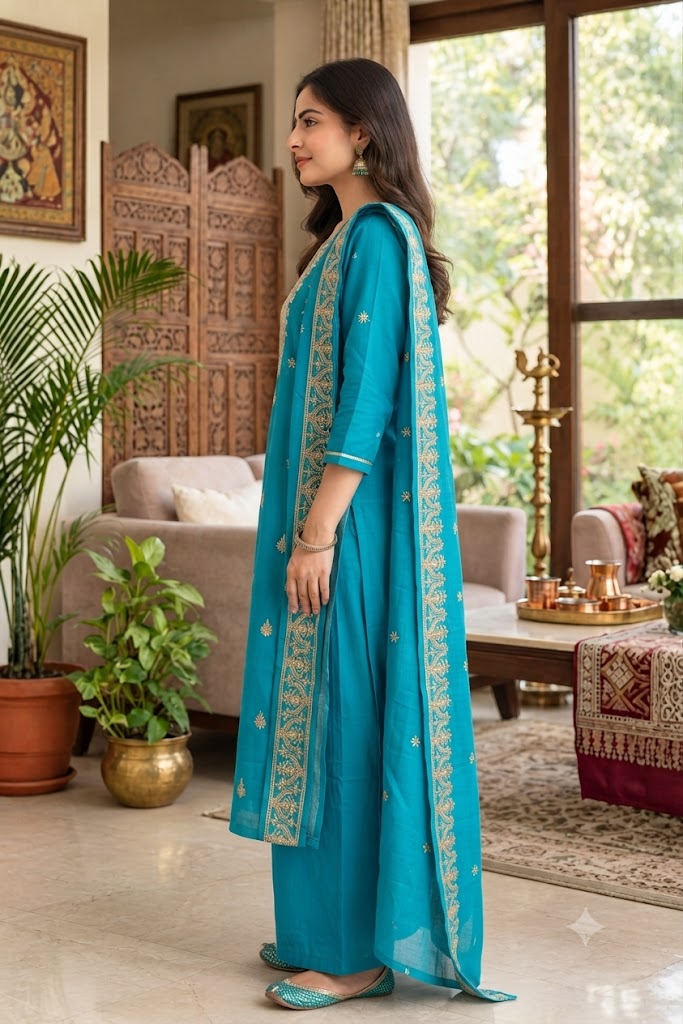 Zari Embroidered Kurta with Palazzo & Embroidered Dupatta in Firozi