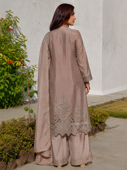 Luxury Taupe Pure Chinon  Partywear Suit Set with Mirror Work - Nakh Clothing