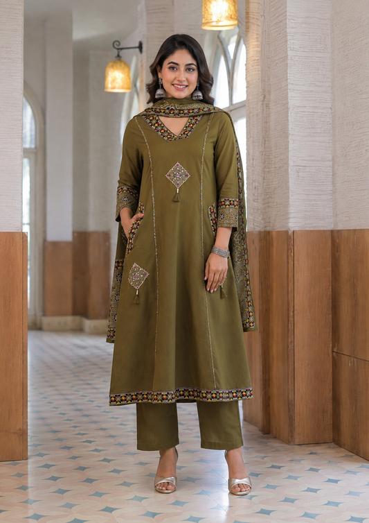 Mehndi Green A-Line Cotton Suit Set with Embroidery & Handwork