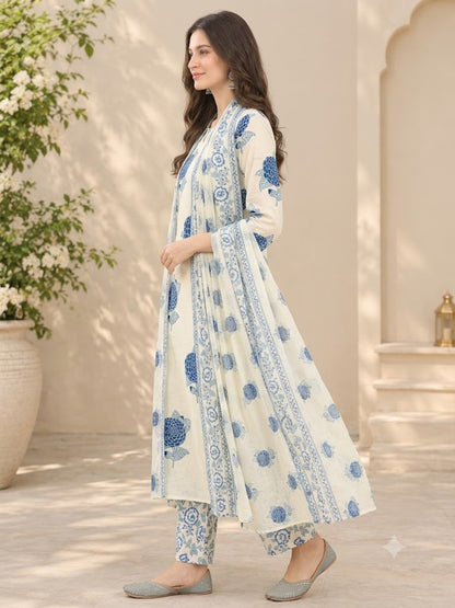 Cream Cotton Floral Block Print Kurta Set with Pants & Dupatta