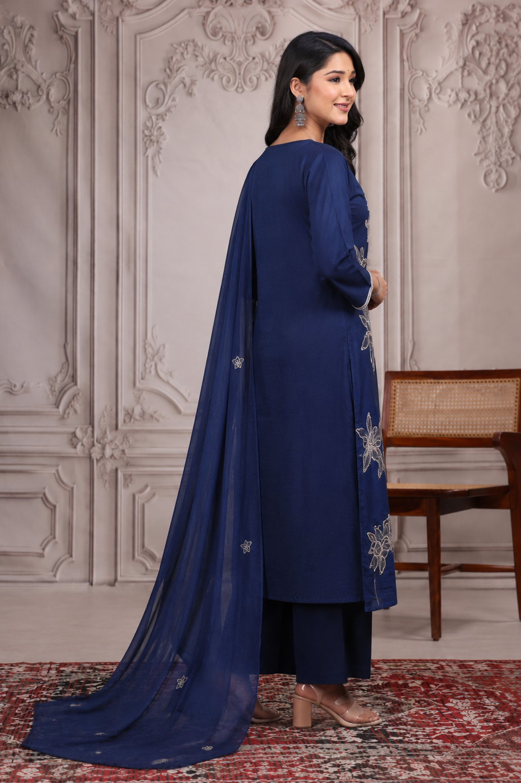 Royal Blue Floral Embroidered Cotton Suit Set