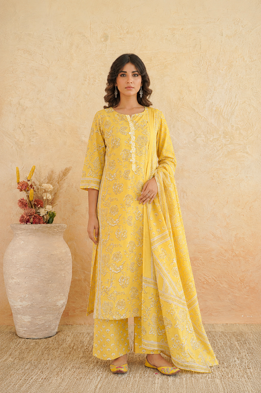 Yellow Floral Cotton Suit Set with Dupatta for Women