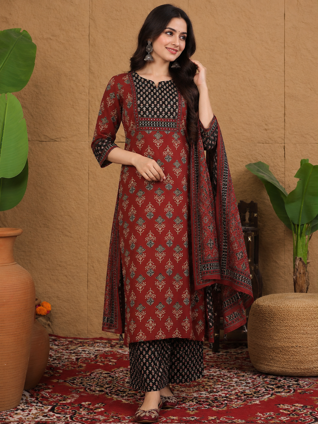 Maroon Cotton Ajrakh Print Kurta Set with Palazzo & Dupatta - Nakh Clothing