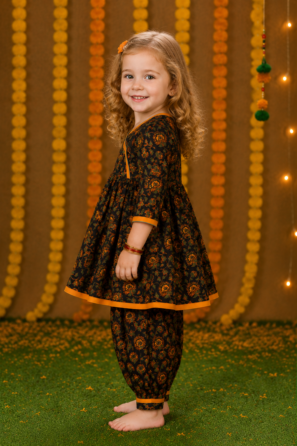 Girls Black Cotton Printed Kurta with Afgani Pants