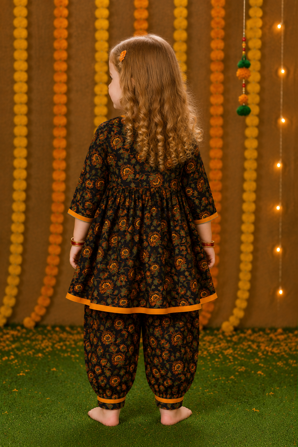 Girls Black Cotton Printed Kurta with Afgani Pants