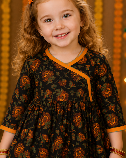 Girls Black Cotton Printed Kurta with Afgani Pants