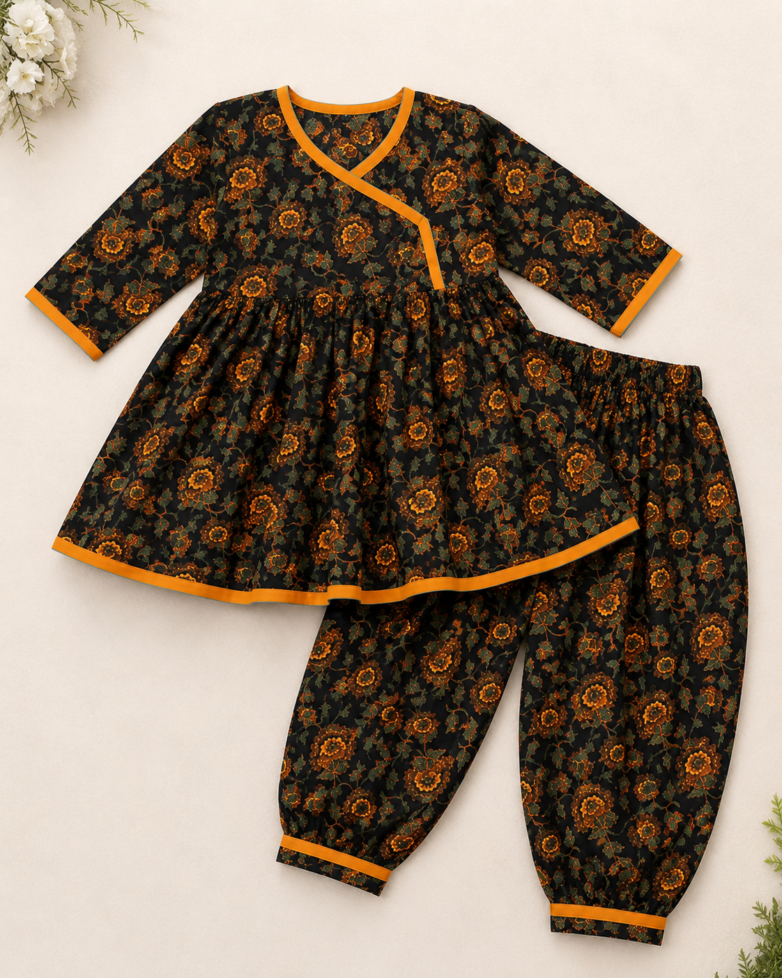 Girls Black Cotton Printed Kurta with Afgani Pants
