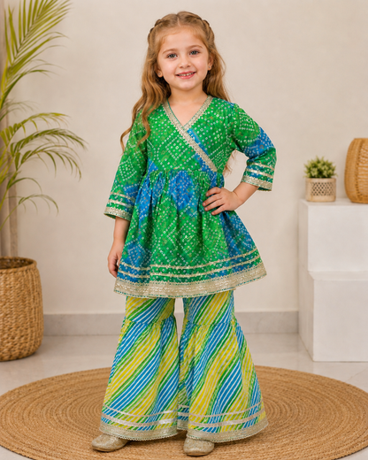 Bandhani Print Angrakha Kurti with Sharara Set for Girls – Festive Wear