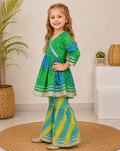 Bandhani Print Angrakha Kurti with Sharara Set for Girls – Festive Wear