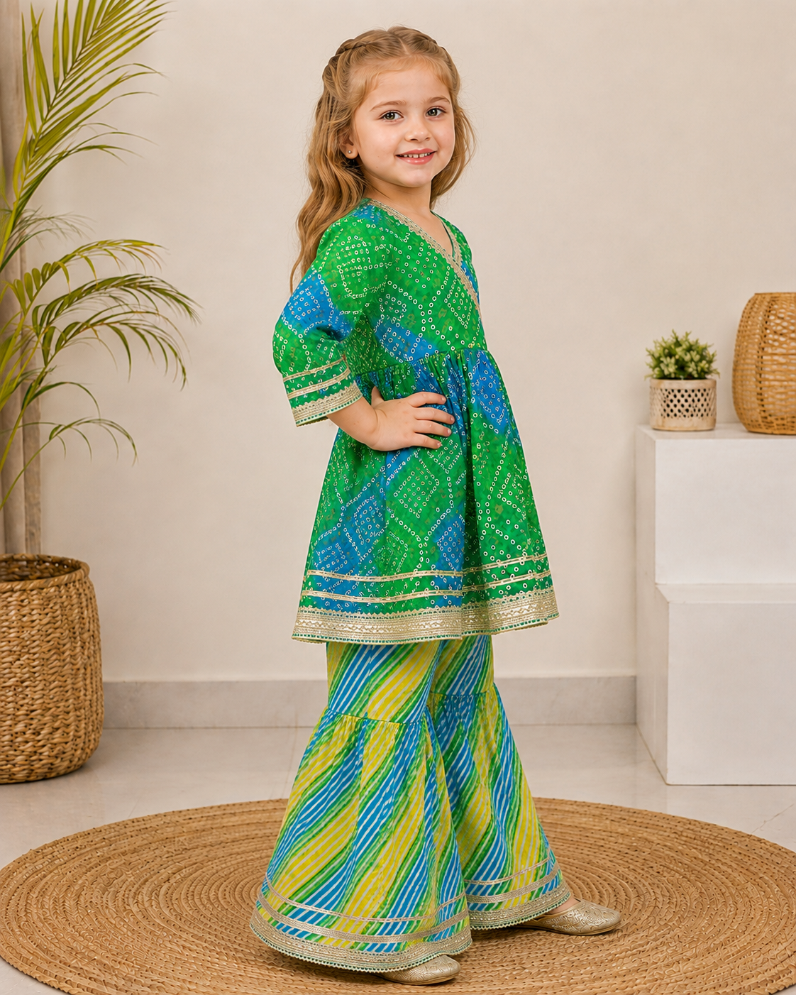 Bandhani Print Angrakha Kurti with Sharara Set for Girls – Festive Wear