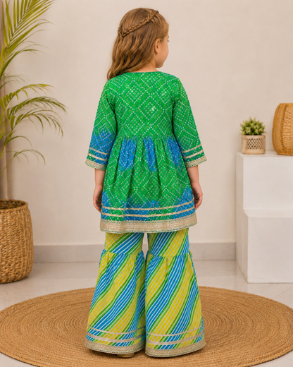 Bandhani Print Angrakha Kurti with Sharara Set for Girls – Festive Wear