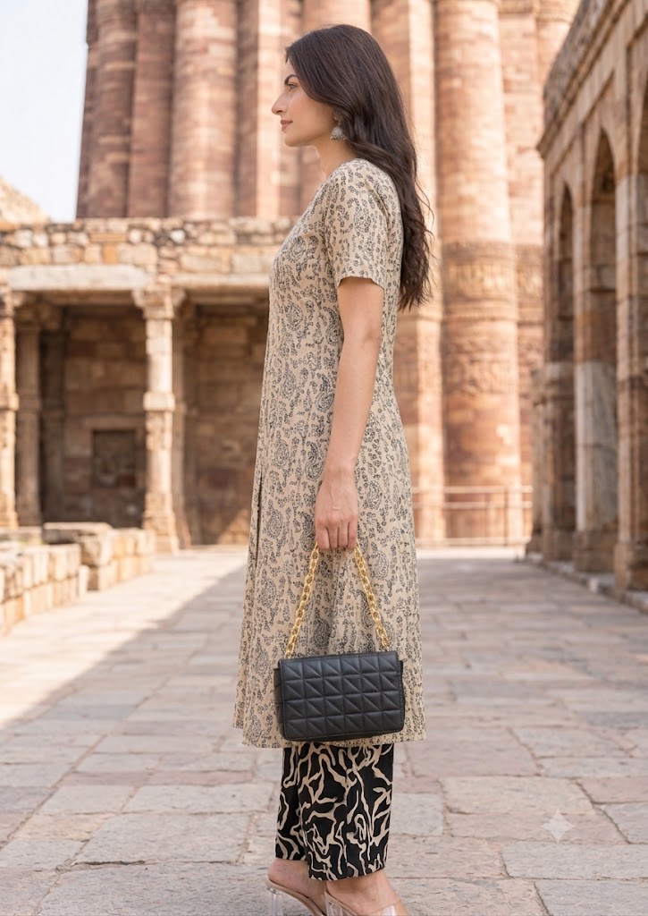 Beige Worli Print A-Line Kurta with Culottes Palazzo Co-ord Set