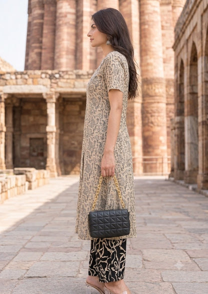 Beige Worli Print A-Line Kurta with Culottes Palazzo Co-ord Set