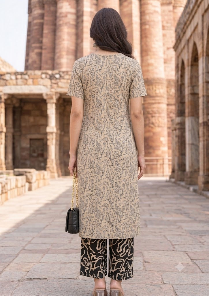 Beige Worli Print A-Line Kurta with Culottes Palazzo Co-ord Set