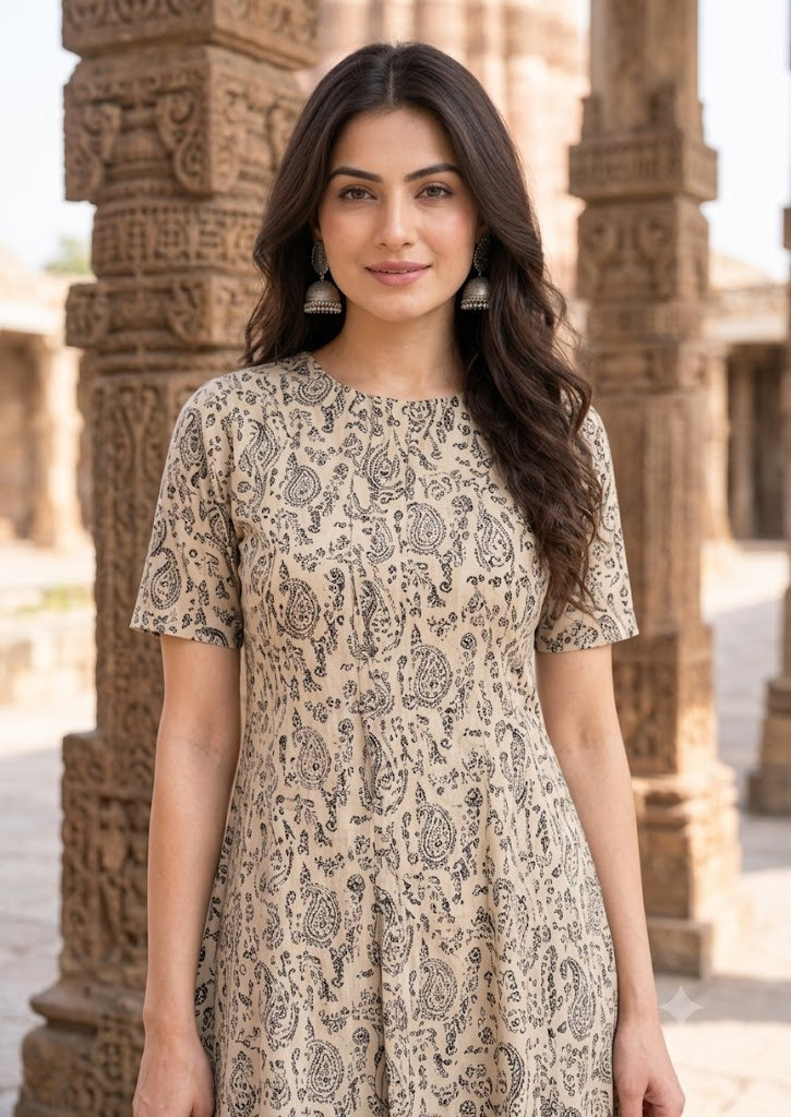 Beige Worli Print A-Line Kurta with Culottes Palazzo Co-ord Set