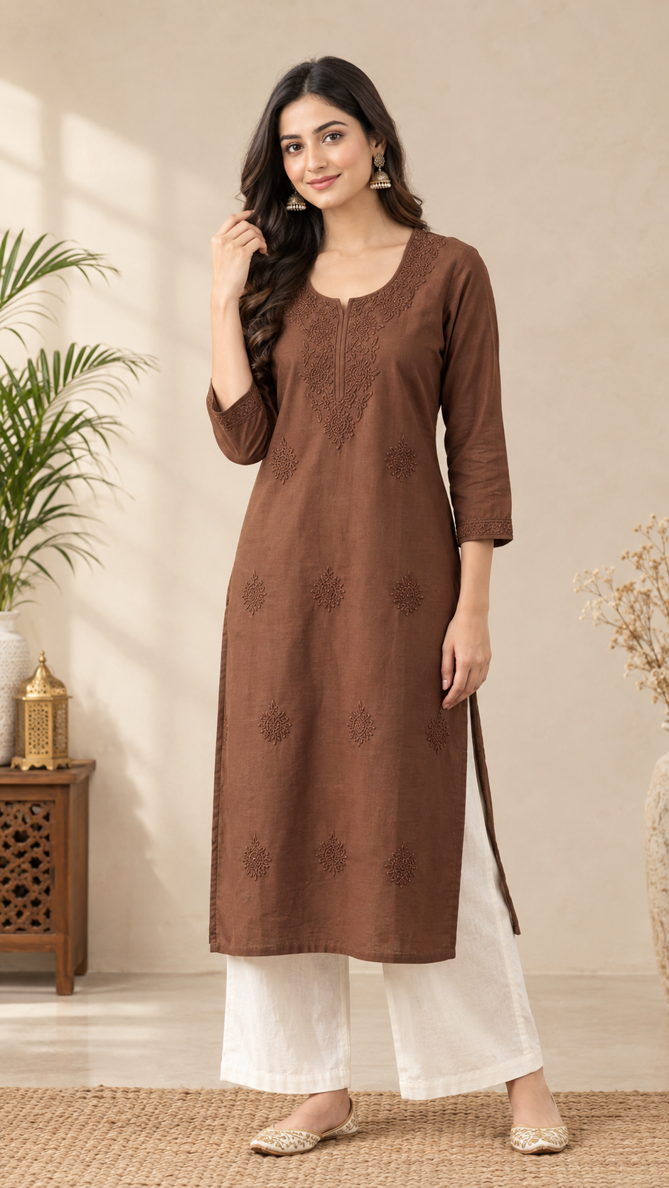 Women's Embroidered Long Cotton Kurti – Straight Fit