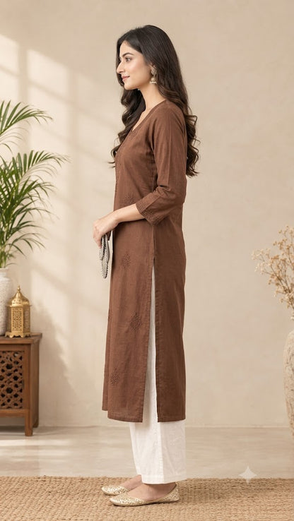 Women's Embroidered Long Cotton Kurti – Straight Fit