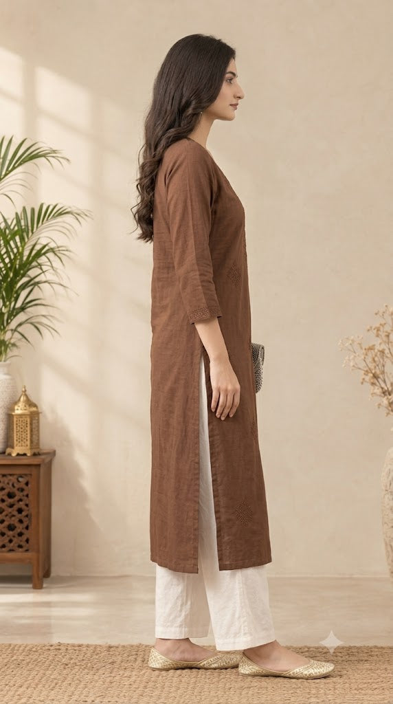 Women's Embroidered Long Cotton Kurti – Straight Fit