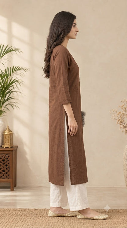 Women's Embroidered Long Cotton Kurti – Straight Fit