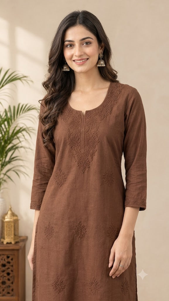 Women's Embroidered Long Cotton Kurti – Straight Fit