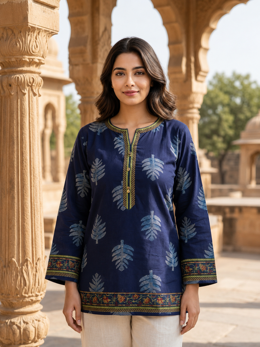 Blue Relax Fit Cotton Tunic with Leaf Print