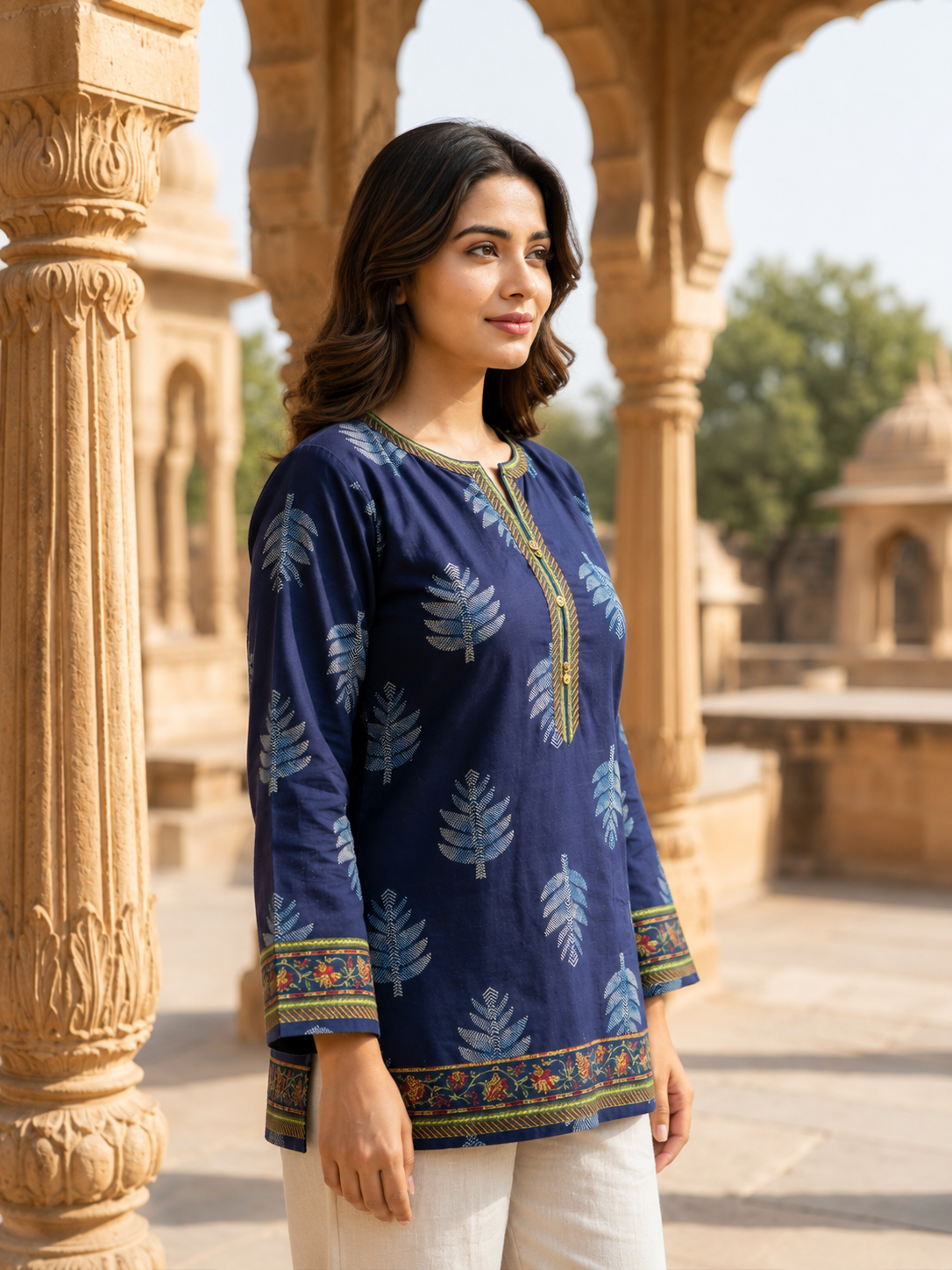 Blue Relax Fit Cotton Tunic with Leaf Print