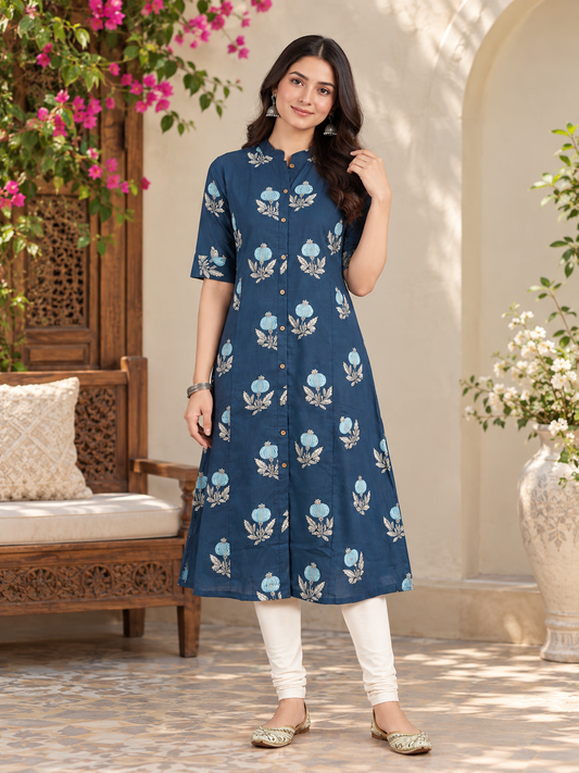 Navy Blue Floral Print Cotton A-Line Kurti with Mandarin Collar