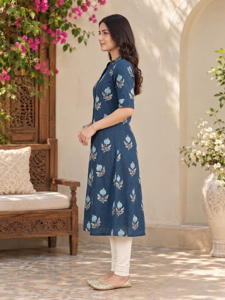 Navy Blue Floral Print Cotton A-Line Kurti with Mandarin Collar