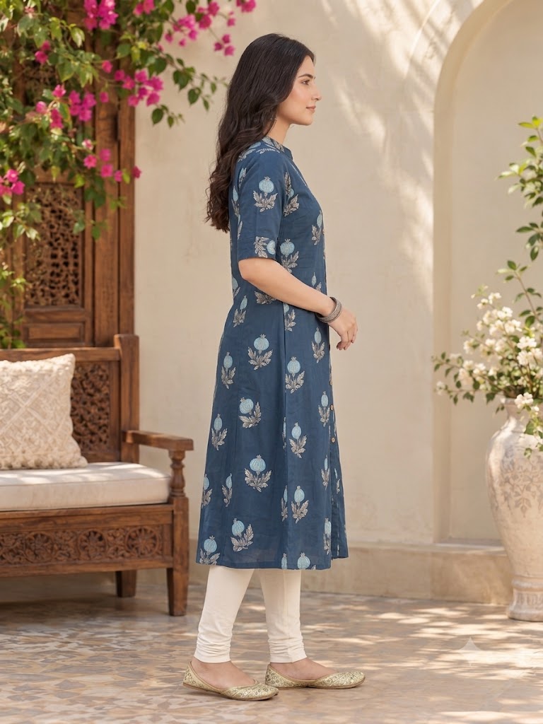 Navy Blue Floral Print Cotton A-Line Kurti with Mandarin Collar
