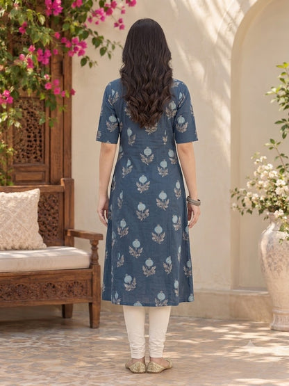 Navy Blue Floral Print Cotton A-Line Kurti with Mandarin Collar