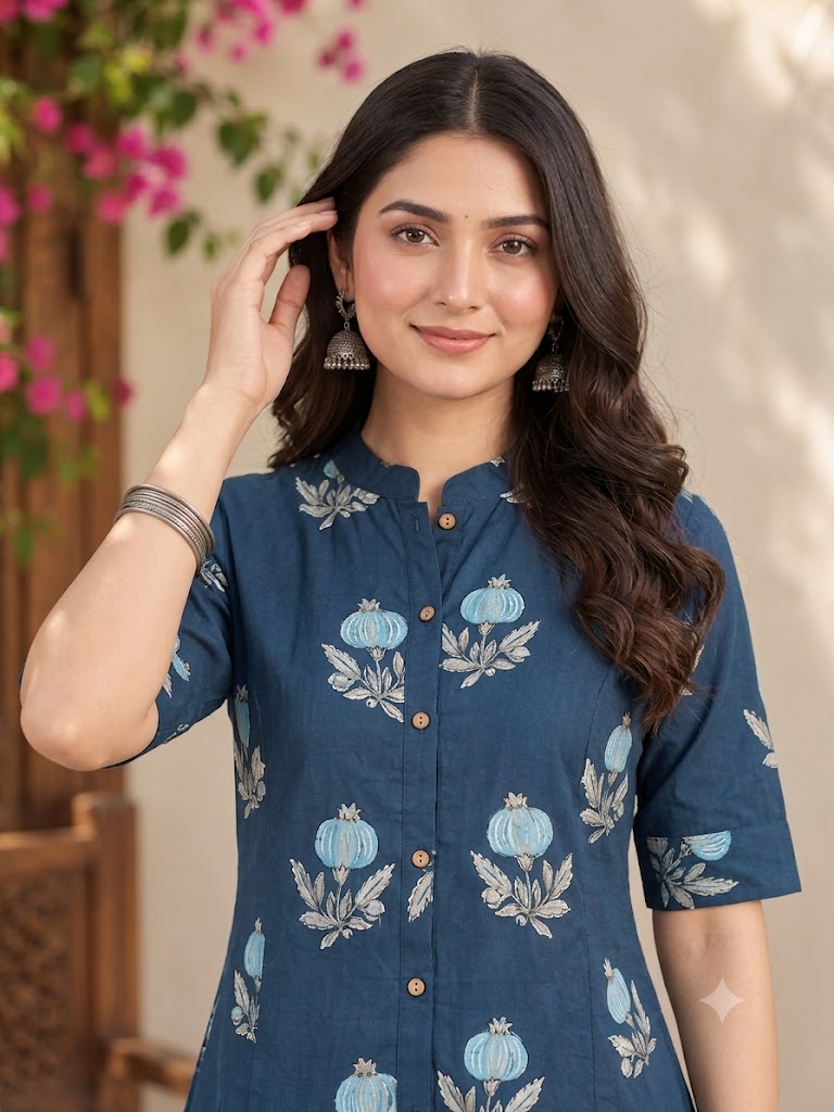 Navy Blue Floral Print Cotton A-Line Kurti with Mandarin Collar
