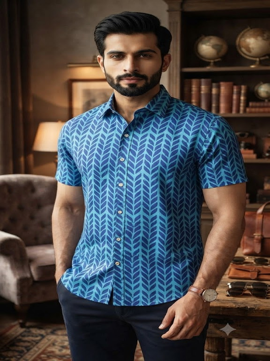 Blue Cotton Geometric Print Half Sleeve Casual Shirt for Men