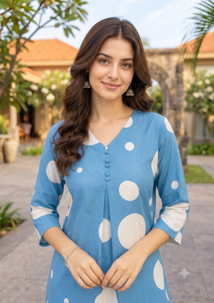 Blue Polka Dot Print Kurti Pant Set for Women | Russian Silk Co-ord Set with Pocket |