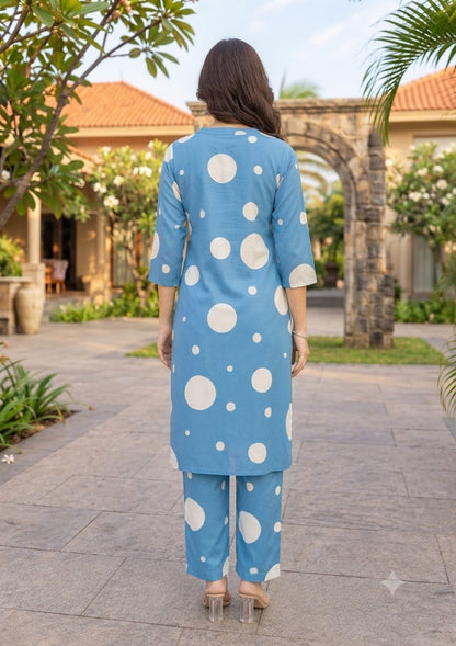 Blue Polka Dot Print Kurti Pant Set for Women | Russian Silk Co-ord Set with Pocket |