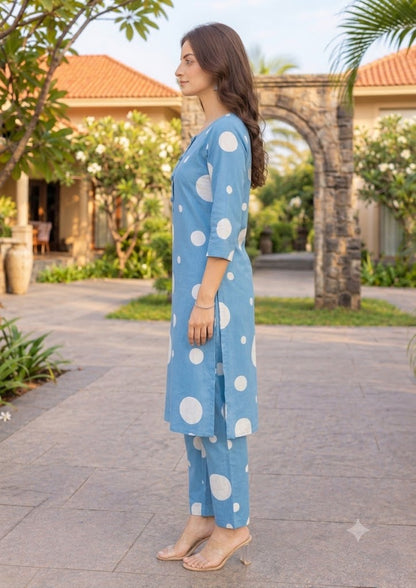 Blue Polka Dot Print Kurti Pant Set for Women | Russian Silk Co-ord Set with Pocket |