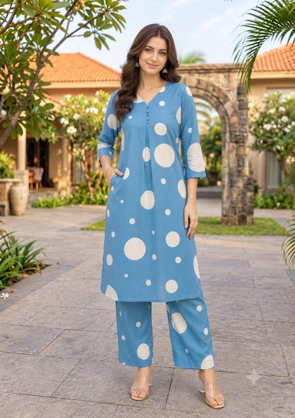 Blue Polka Dot Print Kurti Pant Set for Women | Russian Silk Co-ord Set with Pocket |