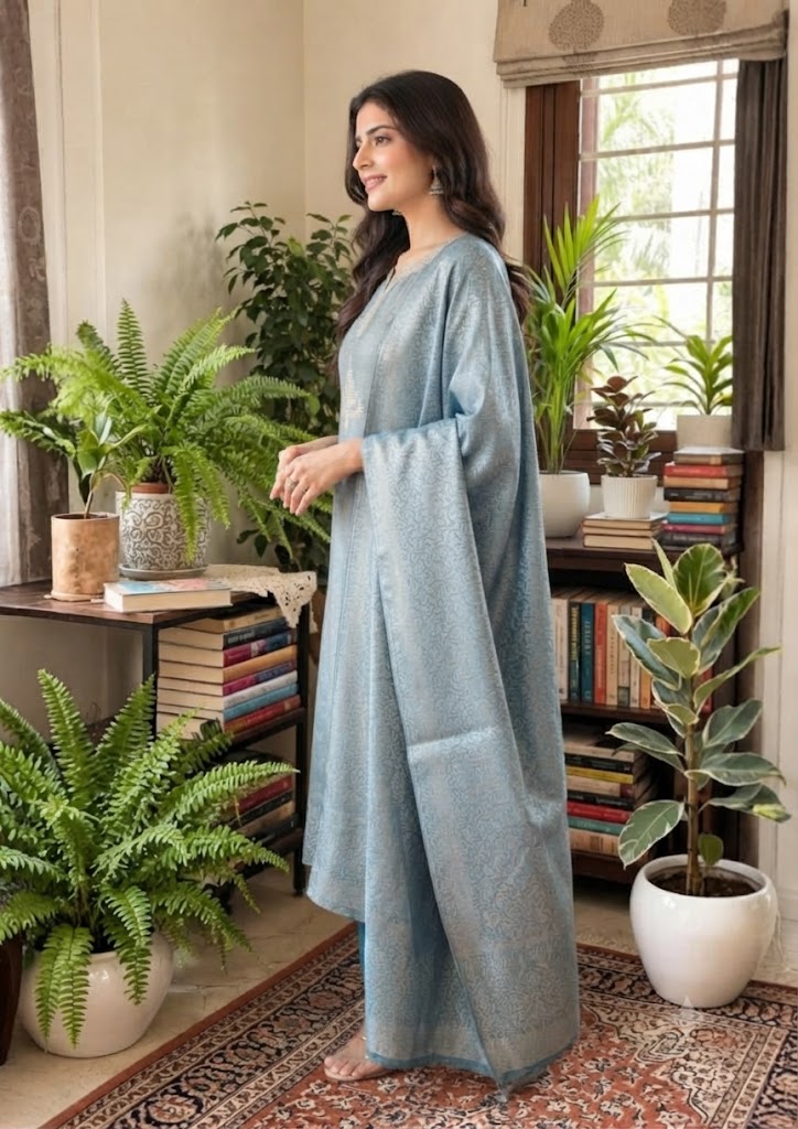 Blue Giraffe Silk Jacquard Partywear Kurta Set with Pants & Dupatta