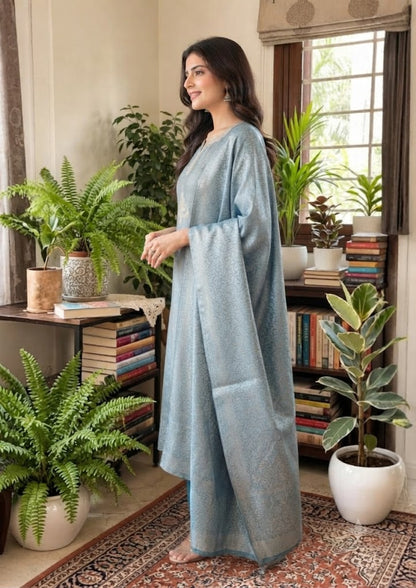 Blue Giraffe Silk Jacquard Partywear Kurta Set with Pants & Dupatta