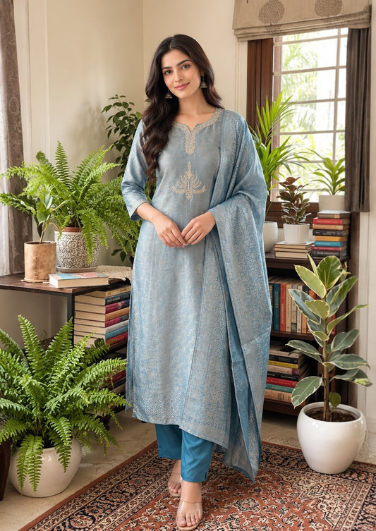 Blue Giraffe Silk Jacquard Partywear Kurta Set with Pants & Dupatta