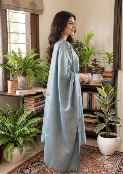 Blue Giraffe Silk Jacquard Partywear Kurta Set with Pants & Dupatta